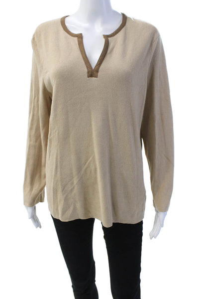 Lauren Ralph Lauren Women's Long Sleeves V-Neck Pullover Sweater Beige Size XL