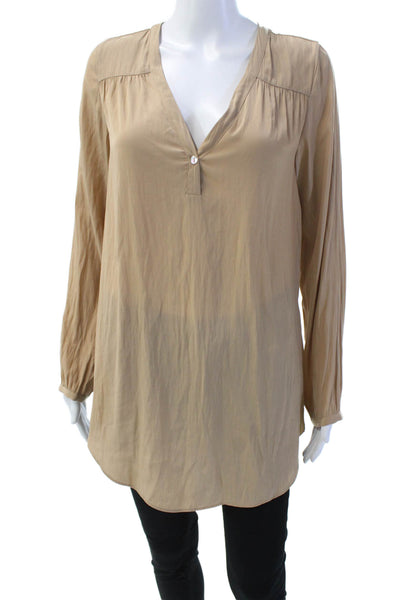 Calypso Womens Satin V-Neck Long Sleeve Curved Hem Blouse Light Brown Size XS