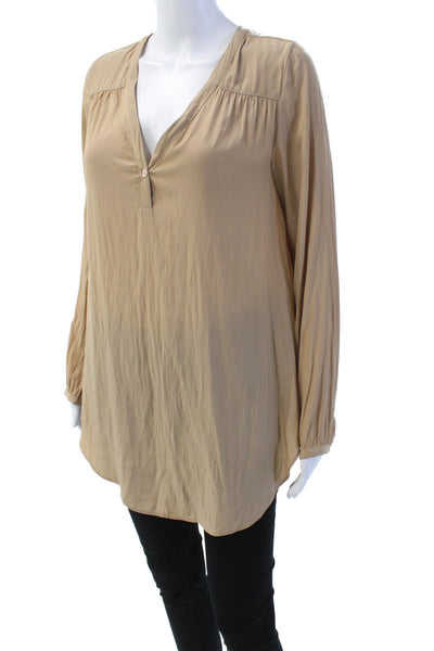 Calypso Womens Satin V-Neck Long Sleeve Curved Hem Blouse Light Brown Size XS