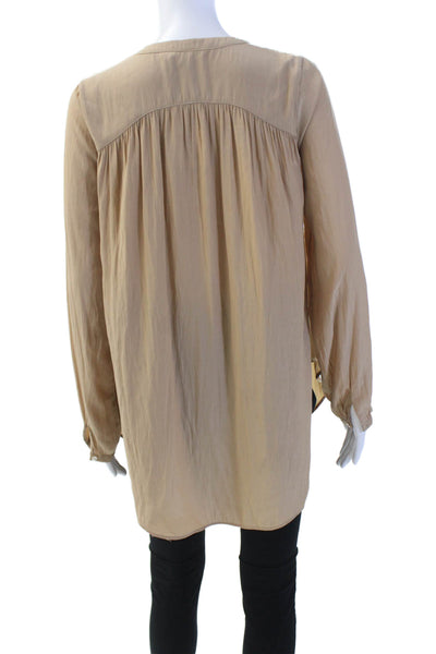 Calypso Womens Satin V-Neck Long Sleeve Curved Hem Blouse Light Brown Size XS