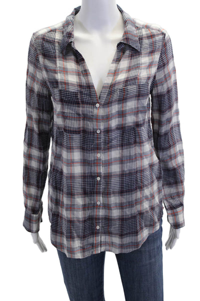Joie Womens Cotton Plaid Collar Long Sleeve Button Down Shirt Blue Size XS