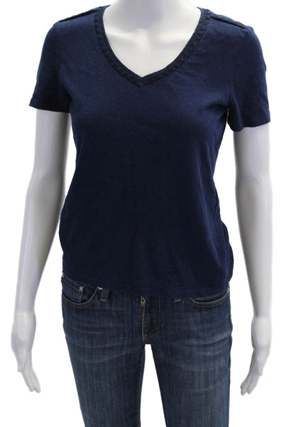 Maje Womens Linen Crew Neck Short Sleeve Tee Top Navy Blue Size 1