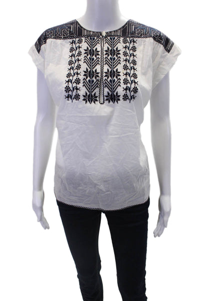Nili Lotan Womens Cotton Embroidered V-Neck Short Sleeve Blouse Top White Size S