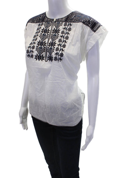 Nili Lotan Womens Cotton Embroidered V-Neck Short Sleeve Blouse Top White Size S