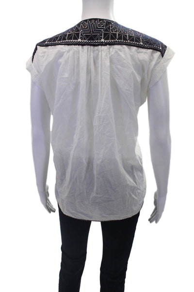 Nili Lotan Womens Cotton Embroidered V-Neck Short Sleeve Blouse Top White Size S