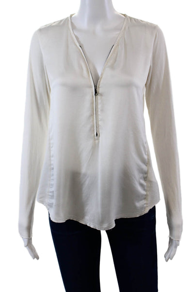 Go By GoSilk Womens Silk Zippered Detail Long Sleeve Blouse Solid White Size XS