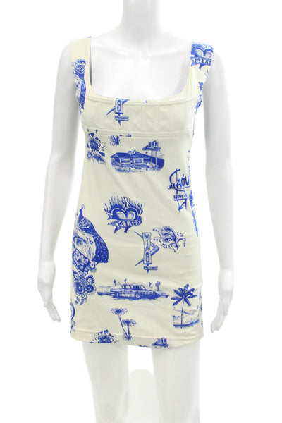 Miaou Womens Back Zip Sleeveless Square Neck Mini Dress White Blue Size Small