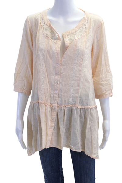 Free People Womens Cotton Lace Trim Floral Cotton Crew Neck Top Pink Size XS