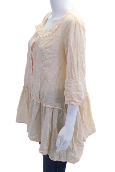 Free People Womens Cotton Lace Trim Floral Cotton Crew Neck Top Pink Size XS