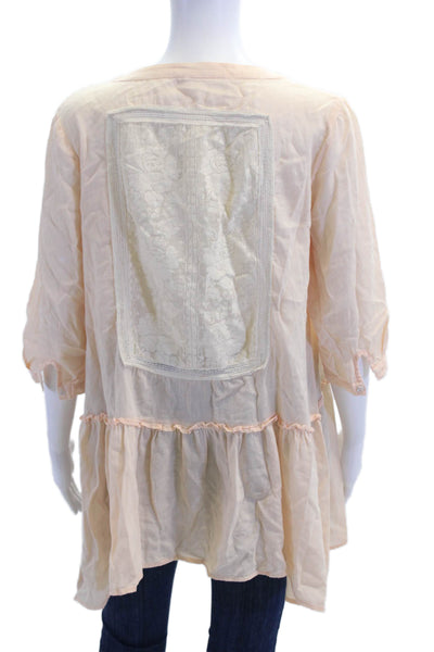 Free People Womens Cotton Lace Trim Floral Cotton Crew Neck Top Pink Size XS