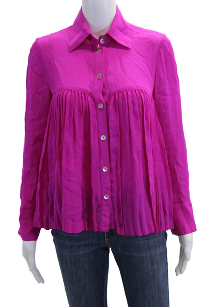 Rory Beca Womens Silk Collar Long Sleeve Buttoned Pleated Top Hot Pink Size XS