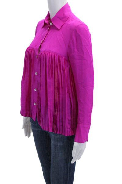 Rory Beca Womens Silk Collar Long Sleeve Buttoned Pleated Top Hot Pink Size XS