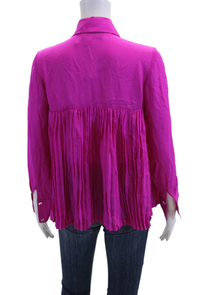 Rory Beca Womens Silk Collar Long Sleeve Buttoned Pleated Top Hot Pink Size XS