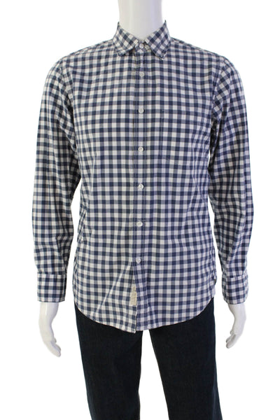 J Crew Mens Gingham Plaid Button Down Shirt Navy Blue White Cotton Size Small