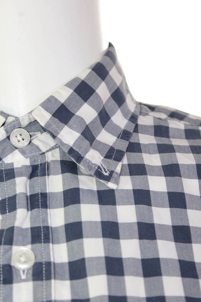J Crew Mens Gingham Plaid Button Down Shirt Navy Blue White Cotton Size Small
