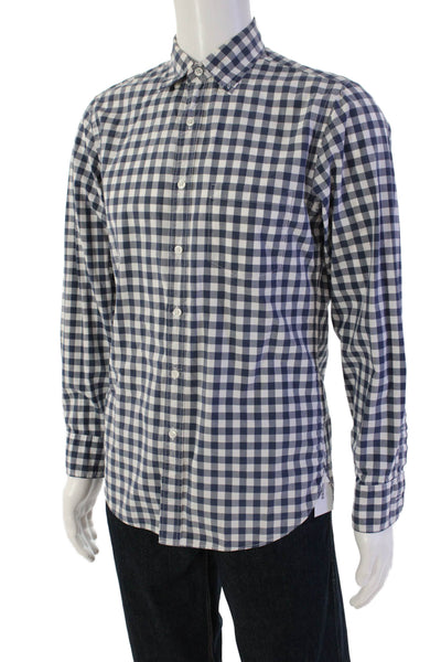J Crew Mens Gingham Plaid Button Down Shirt Navy Blue White Cotton Size Small