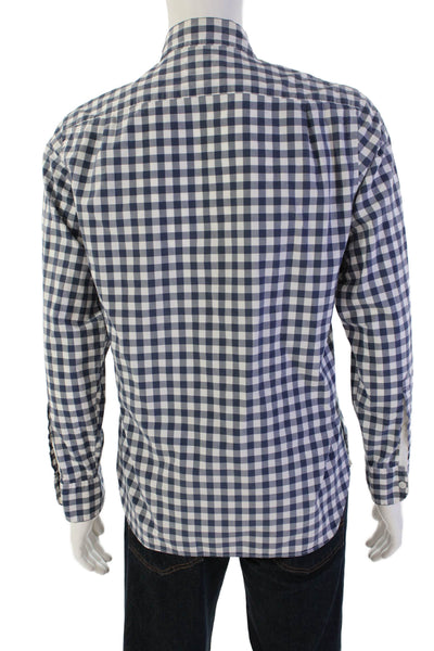 J Crew Mens Gingham Plaid Button Down Shirt Navy Blue White Cotton Size Small
