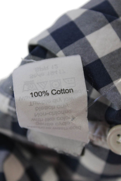 J Crew Mens Gingham Plaid Button Down Shirt Navy Blue White Cotton Size Small