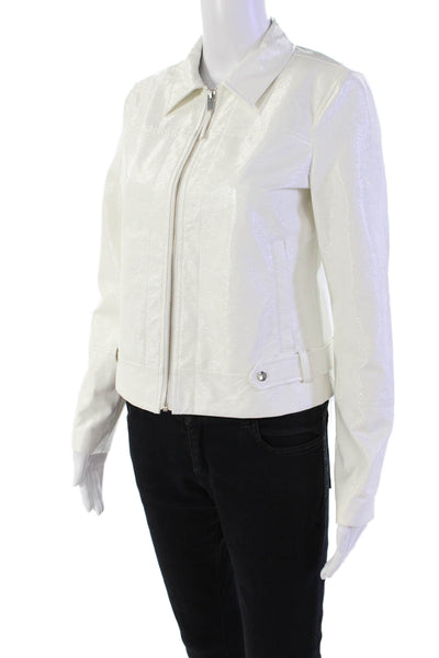 Ecru Womens Faux Leather Full Zipper Light Jacket White Size Extra Small