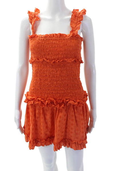 Saylor Women's Square Neck Ruffle Eyelet Smocked Mini Dress Oreange Size S