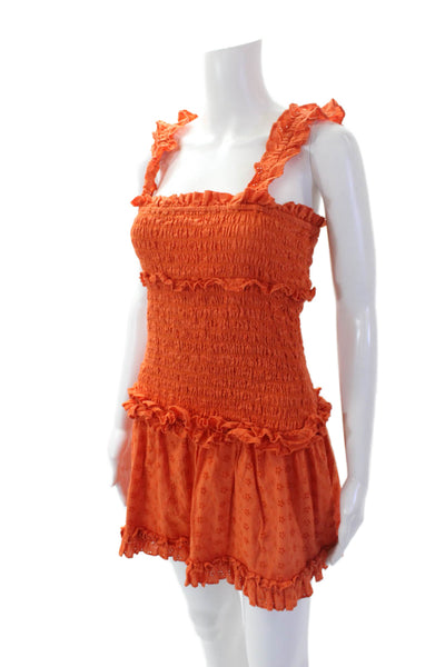 Saylor Women's Square Neck Ruffle Eyelet Smocked Mini Dress Oreange Size S