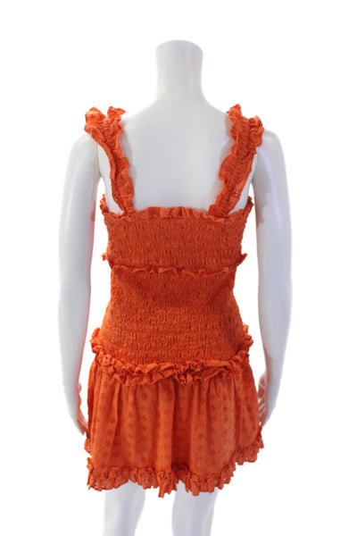 Saylor Women's Square Neck Ruffle Eyelet Smocked Mini Dress Oreange Size S