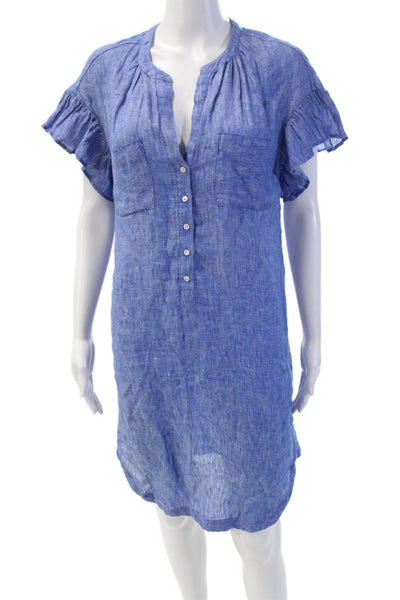 Joie Womens Linen Half Button Ruffle Sleeves Down Shirt Dress Blue Size Extra Sm
