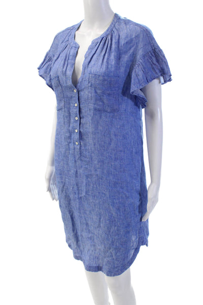Joie Womens Linen Half Button Ruffle Sleeves Down Shirt Dress Blue Size Extra Sm