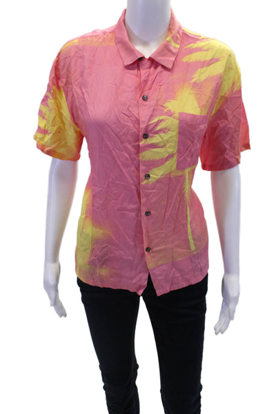 Double Rainbouu Womens Palm Tree Print Button Down Shirt Pink Yellow Size Extra