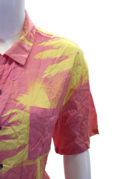 Double Rainbouu Womens Palm Tree Print Button Down Shirt Pink Yellow Size Extra