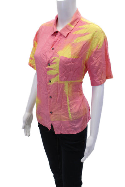 Double Rainbouu Womens Palm Tree Print Button Down Shirt Pink Yellow Size Extra