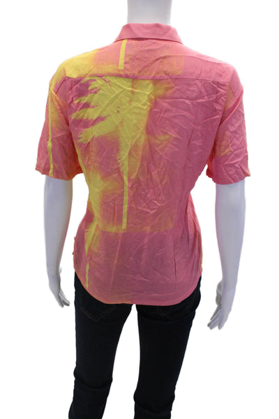 Double Rainbouu Womens Palm Tree Print Button Down Shirt Pink Yellow Size Extra