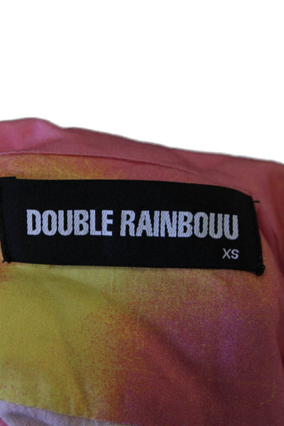 Double Rainbouu Womens Palm Tree Print Button Down Shirt Pink Yellow Size Extra