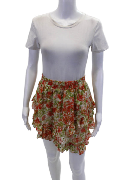 Misa Womens Floral Print Ruffled Pull On Mini Skirt Orange Green Size Medium