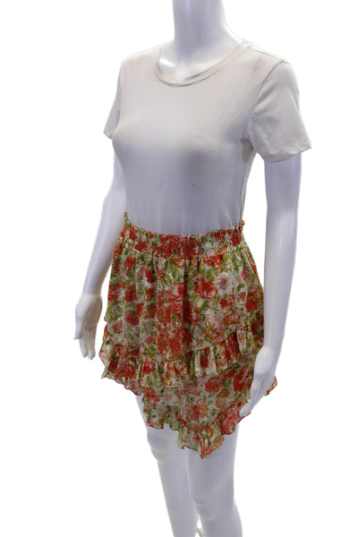 Misa Womens Floral Print Ruffled Pull On Mini Skirt Orange Green Size Medium
