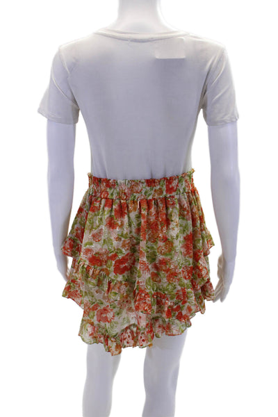 Misa Womens Floral Print Ruffled Pull On Mini Skirt Orange Green Size Medium