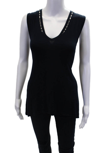 Elie Tahari Womens V-neck Sleeveless Beaded Stretch Tank Top Blue Size XS