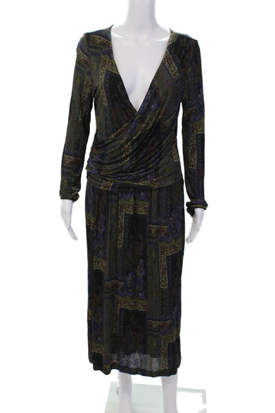 Etro Milano Womens Paisley Printed V-Neck Long Sleeve Maxi Dress Green Size 48