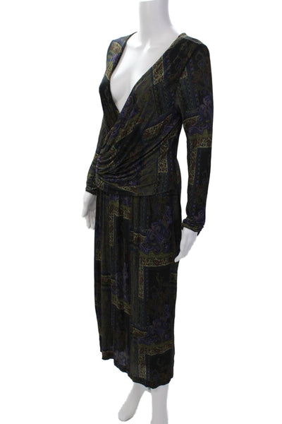 Etro Milano Womens Paisley Printed V-Neck Long Sleeve Maxi Dress Green Size 48
