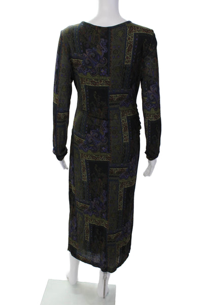 Etro Milano Womens Paisley Printed V-Neck Long Sleeve Maxi Dress Green Size 48