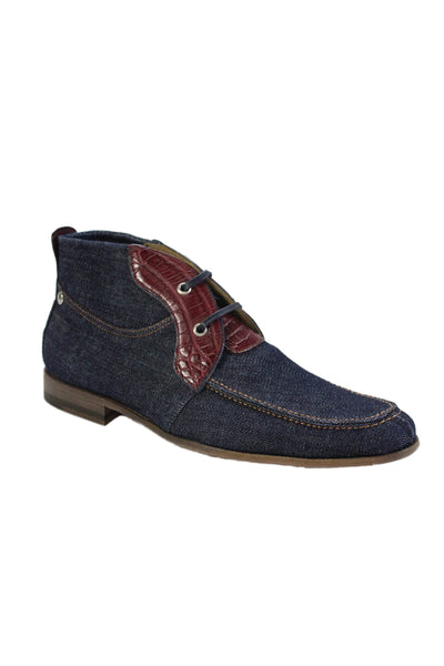 Tardini Mens Denim Alligator Trim Lace Up Ankle Boots Blue Red Size 7.5