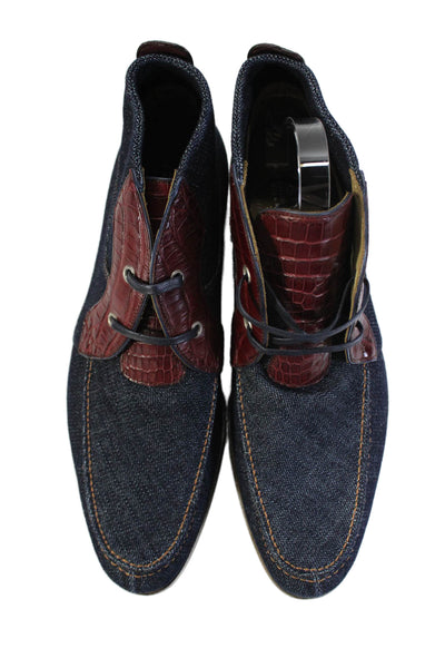 Tardini Mens Denim Alligator Trim Lace Up Ankle Boots Blue Red Size 7.5