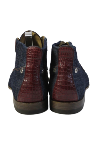 Tardini Mens Denim Alligator Trim Lace Up Ankle Boots Blue Red Size 7.5