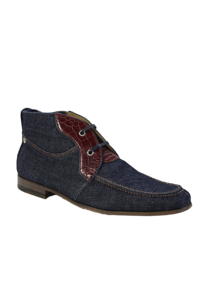 Tardini Mens Denim Alligator Skin Trim Lace Up Chukka Boots Blue Red Size 8.5