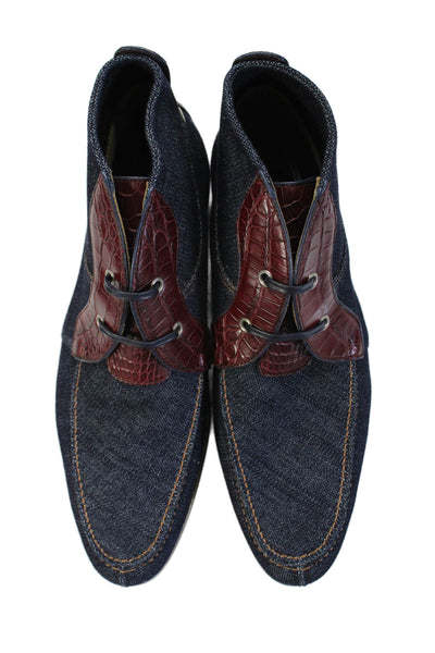 Tardini Mens Denim Alligator Skin Trim Lace Up Chukka Boots Blue Red Size 8.5