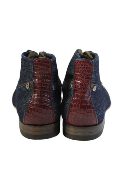 Tardini Mens Denim Alligator Skin Trim Lace Up Chukka Boots Blue Red Size 8.5