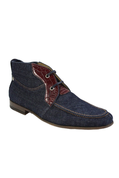 Tardini Mens Alligator Skin Trim Denim Lace Up Boots Blue Red size 10