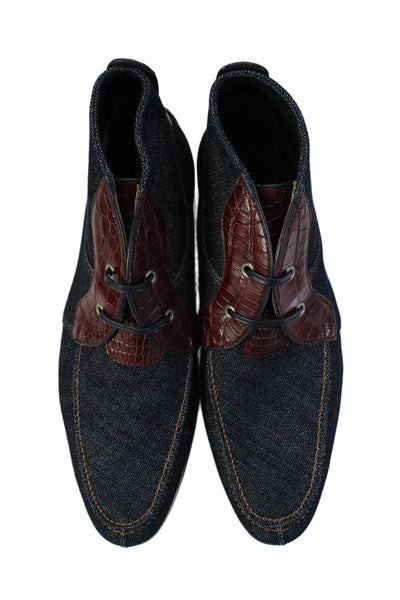 Tardini Mens Alligator Skin Trim Denim Lace Up Boots Blue Red size 10