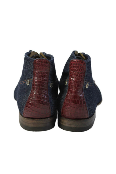 Tardini Mens Alligator Skin Trim Denim Lace Up Boots Blue Red size 10