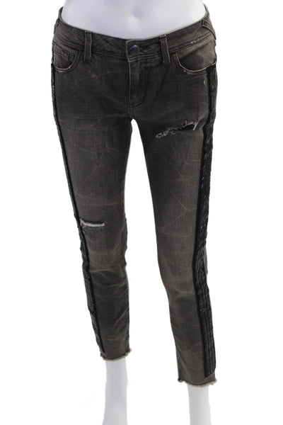 Free People Womens Zipper Fly Distressed Beaded Trim Cropped Jeans Brown Size 26